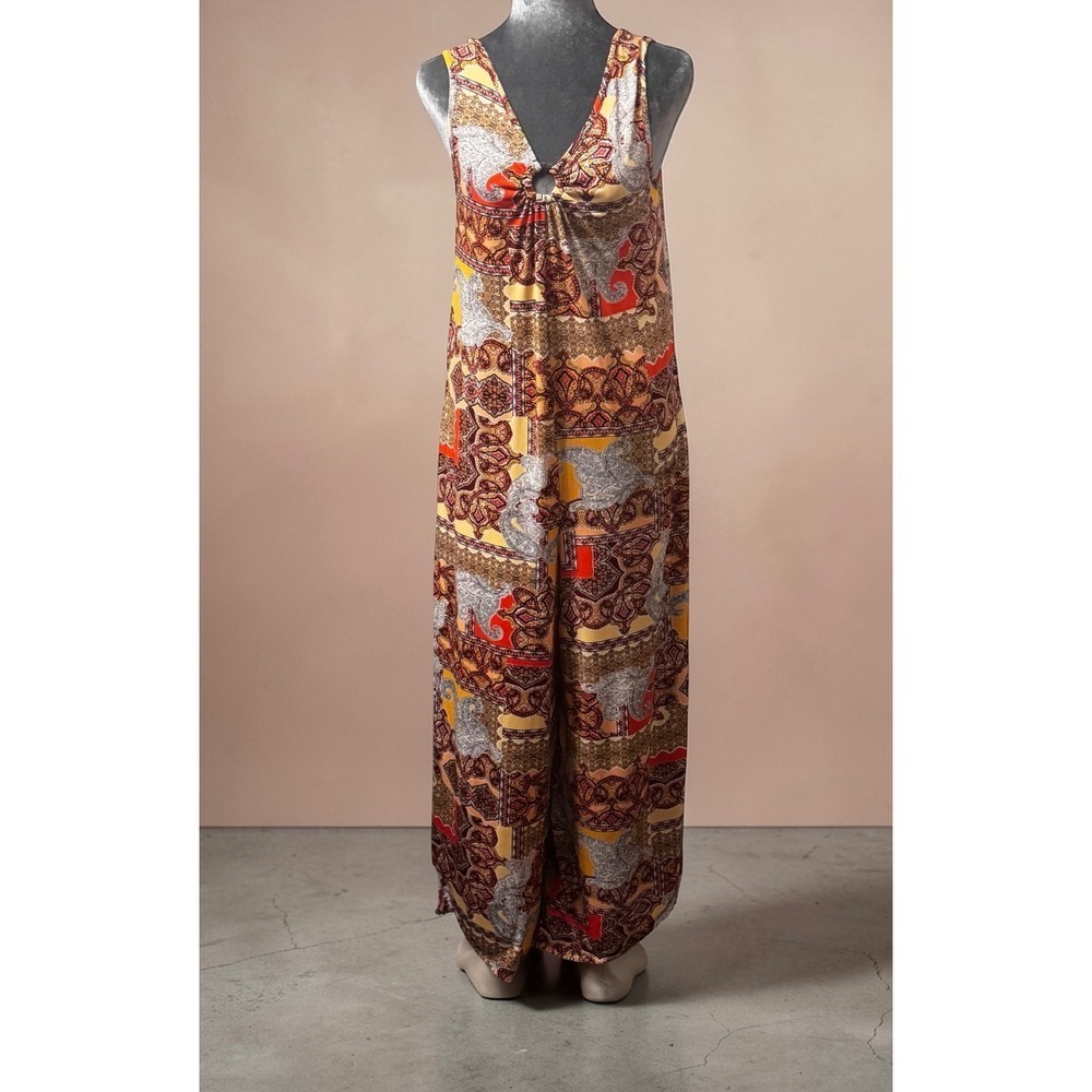 Sami & Jo Womens Paisley Patchwork Wide Leg Jumpsuit Boho V-Neck Relaxed Small